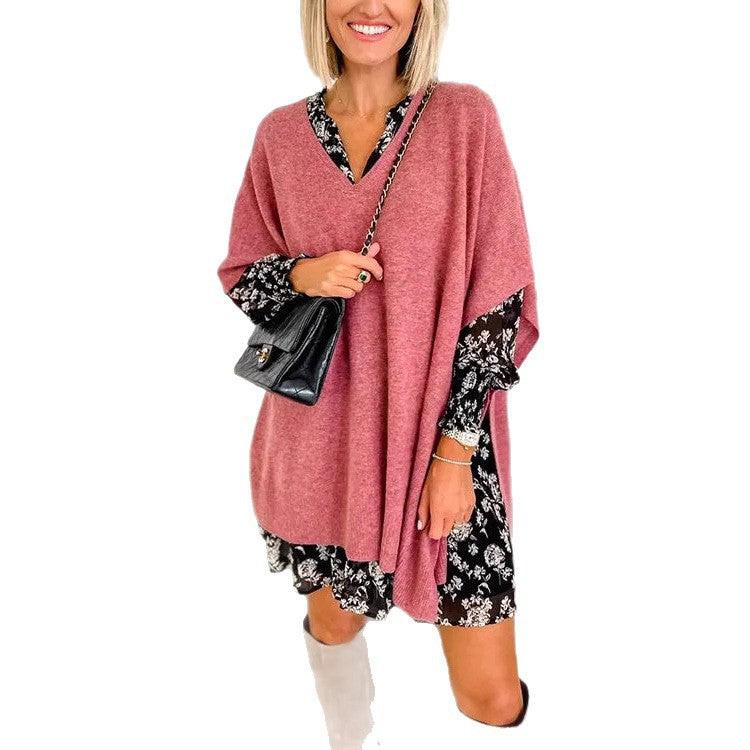 Damen Strickponcho mit V-Ausschnitt und lässigem Schnitt R&B