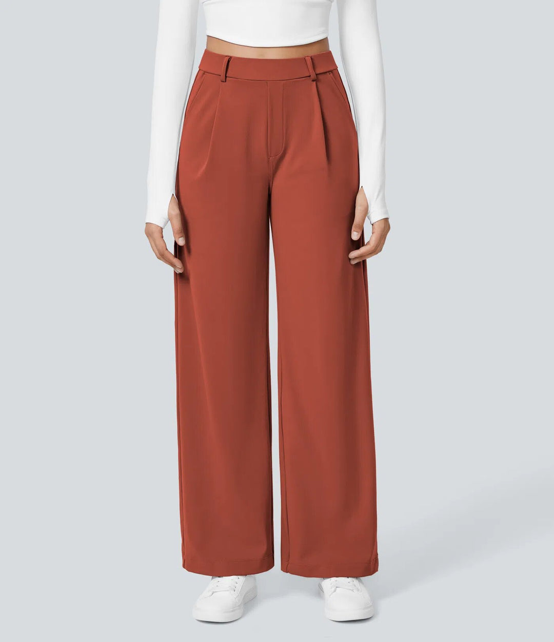 Damen nan hochgeschnittene Bundfaltenhose mit weitem Bein, Gürtelschlaufen und seitlichen Eingrifftaschen R&B
