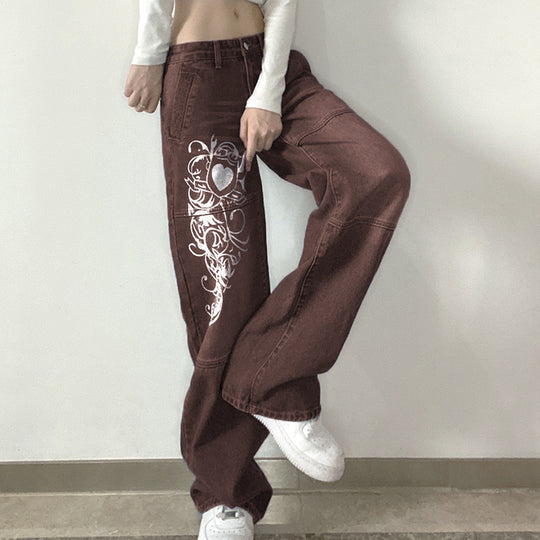 Damen weite Denim-Hose mit kunstvollem Druck R&B