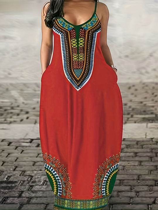 Damen Maxikleid mit modernem ethnischen Druck und praktischen Seitentaschen R&B