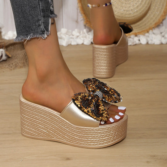 Damen Plateau-Pantoletten mit glitzerndem Schleifen-Design R&B