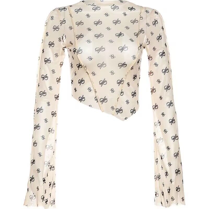 Damen Transparenter Oberteil mit langem Arm und zartem Muster R&B