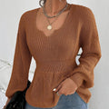 Damen lässiger Strickpullover mit tiefem V-Ausschnitt und Rippstruktur R&B
