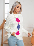 Damen Strickpullover mit modernem Rautenmuster und Zopfmuster R&B