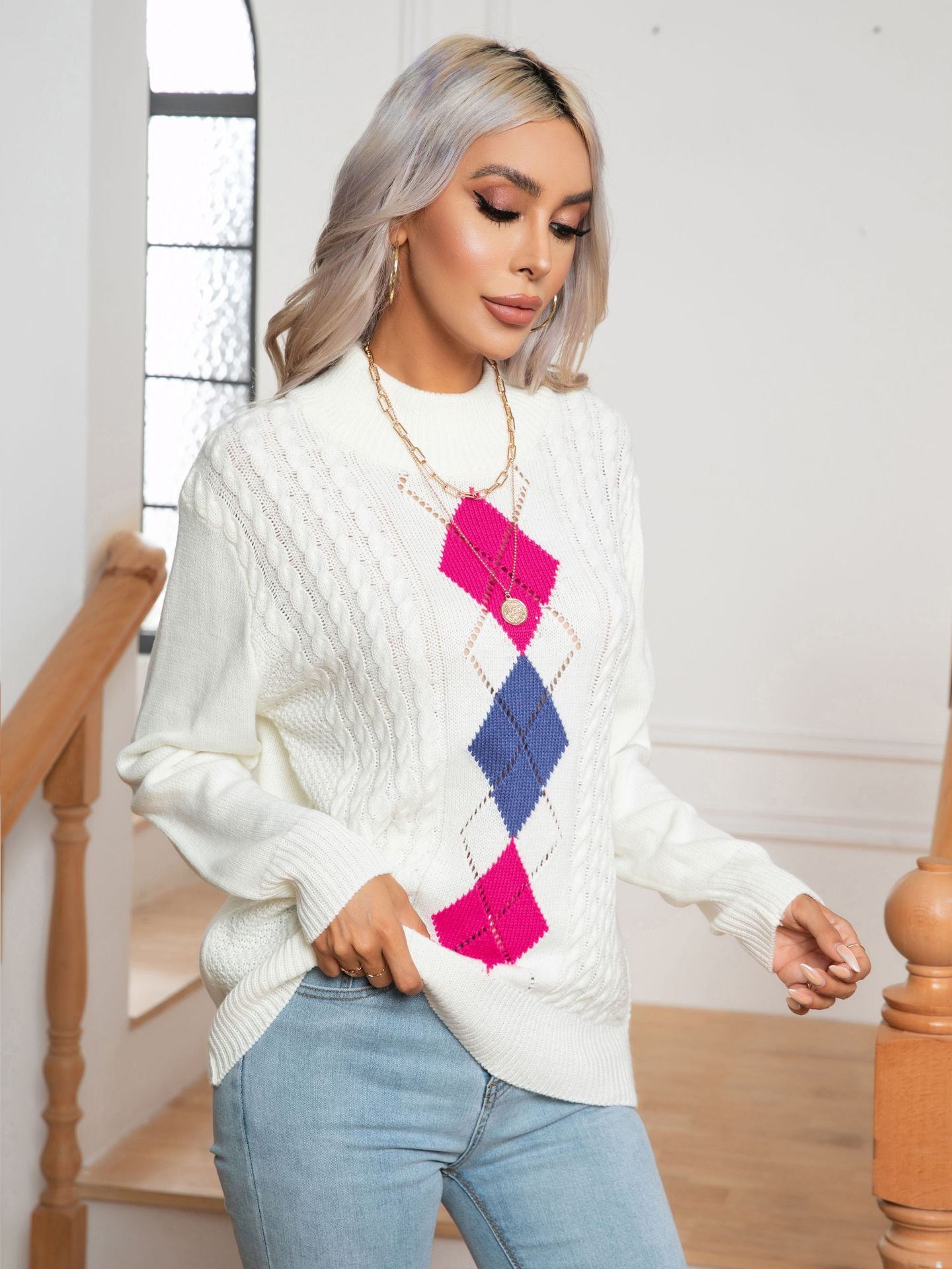 Damen Strickpullover mit modernem Rautenmuster und Zopfmuster R&B