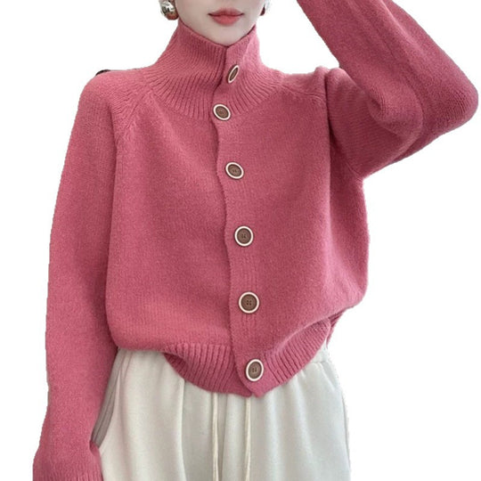 Damen kuscheliger Hochkragen-Cardigan mit Knopfdetails R&B