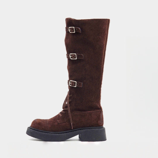Damen Modische Overknee-Stiefel mit robustem Plateau und dekorativen Schnallen R&B