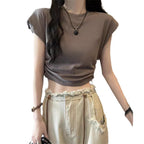Damen Cropped T-Shirt mit verstellbarem Kordelzug und modischen Puffärmeln