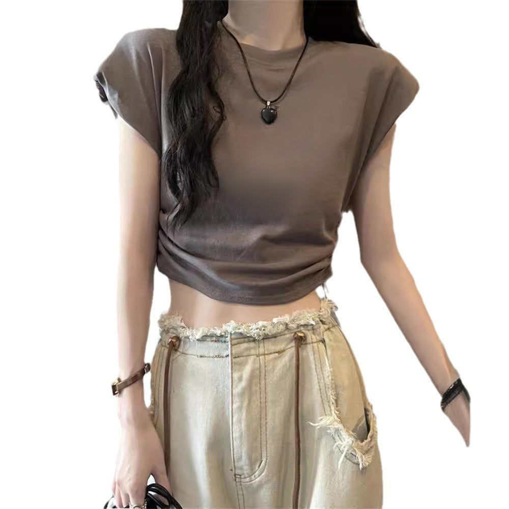 Damen Cropped T-Shirt mit verstellbarem Kordelzug und modischen Puffärmeln