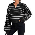 Damen moderner cropped Pullover mit Streifen und tiefem V-Ausschnitt R&B