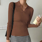 Damen Feinstrickoberteil mit Polo-Kragen und Rippstruktur