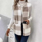Damen Flauschige Weste mit Karomuster und Taschen R&B