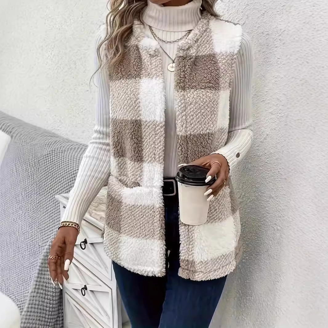Damen Flauschige Weste mit Karomuster und Taschen R&B