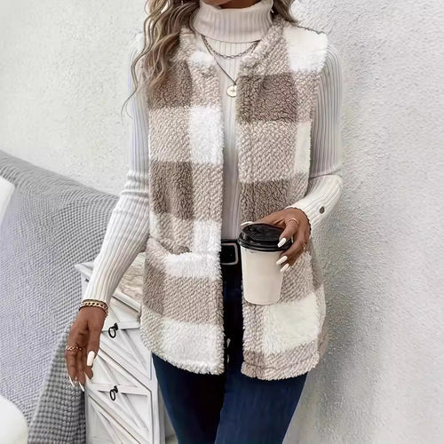 Damen Flauschige Weste mit Karomuster und Taschen R&B