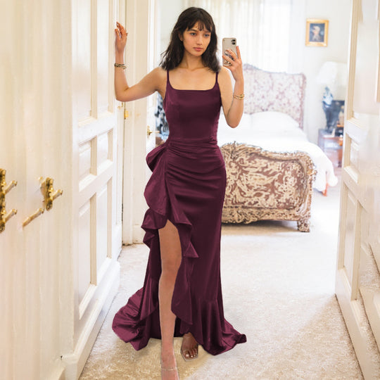 Damen elegantes Maxikleid mit seitlichem Schlitz und fließendem Rüschensaum R&B
