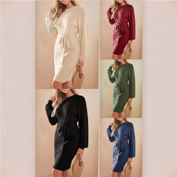 Damen Strickkleid mit Taillengürtel und langen Ärmeln R&B