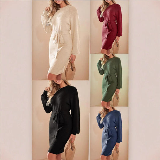 Damen Strickkleid mit Taillengürtel und langen Ärmeln R&B