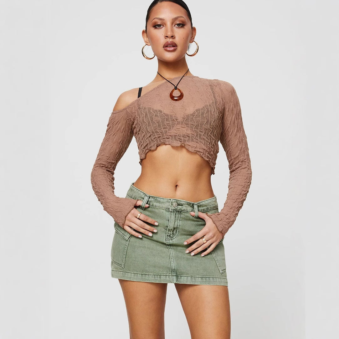 Damen Crop-Top mit Rüschendetails und schmalem Bindewirbel R&B