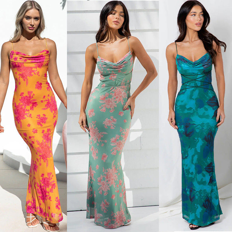 Damen Maxikleid mit floralen Akzenten und elegantem Wasserfall-Ausschnitt R&B