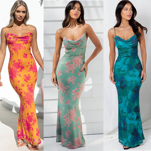 Damen Maxikleid mit floralen Akzenten und elegantem Wasserfall-Ausschnitt R&B