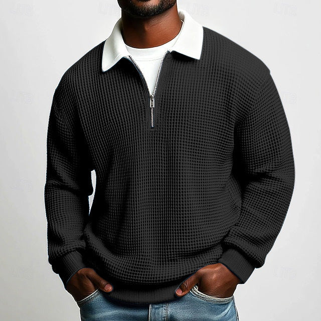 Herren nan strukturierter Waffelstrick-Pullover mit Polokragen und kurzem Reißverschluss R&B
