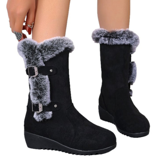 Damen Wedge-Stiefel mit gefüttertem Kunstfellkragen und verstellbaren Schnallen R&B