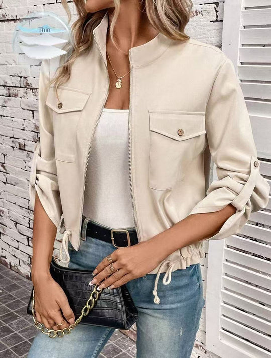 Damen Kurze Bomberjacke mit Reißverschluss und Taschen R&B