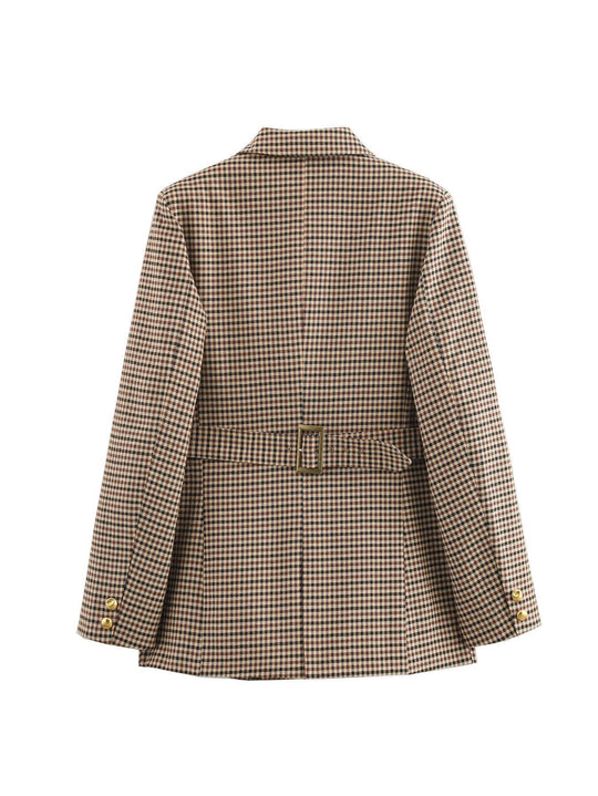 Damen karierten Blazer mit goldenen Knöpfen und praktischen Taschen R&B