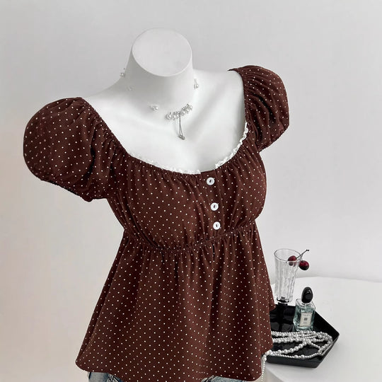 Damen Sommerkleid mit Puffärmeln und süßem Punkten R&B