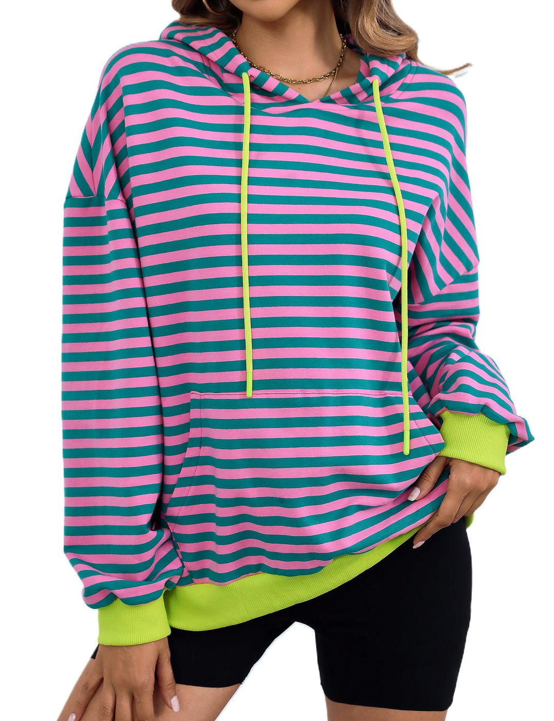 Damen gestreifter Kapuzenpullover mit stylischer Kängurutasche R&B