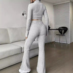 Damen Modisches Strick-Set mit cropped Oberteil und weitem Hosen