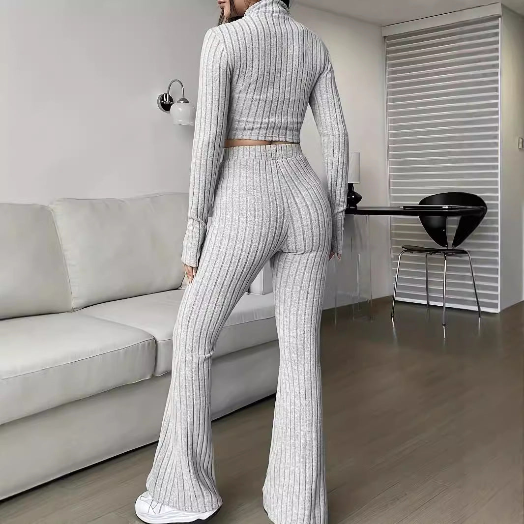 Damen Modisches Strick-Set mit cropped Oberteil und weitem Hosen