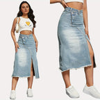 Damen Denim-Midi-Rock mit asymmetrischem Schnitt und fransigem Saum R&B