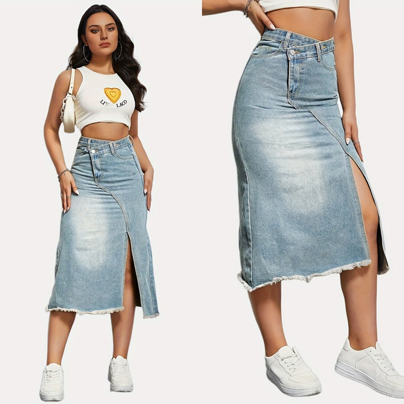 Damen Denim-Midi-Rock mit asymmetrischem Schnitt und fransigem Saum R&B