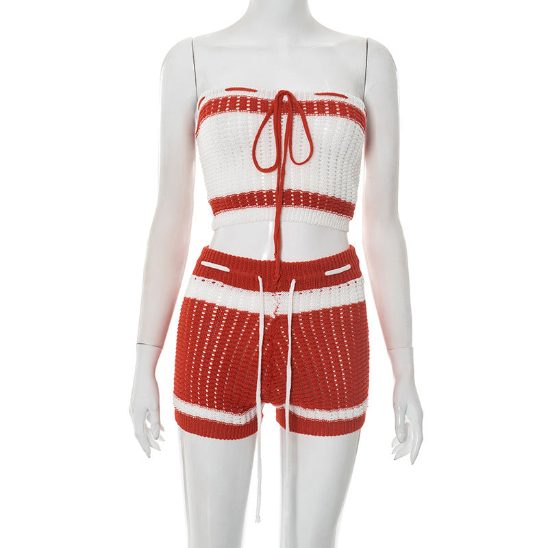 Damen Knitted Bandeau Set mit Shorts und verstellbarem Kordelzug R&B