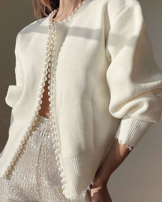 Damen Strickjacke mit auffälligem Perlenbesatz und offenem Design R&B