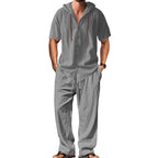 Herren nan luftiges Leinen-Lounge-Set mit kurzärmeligem Kapuzenhemd und gerader Relaxhose R&B