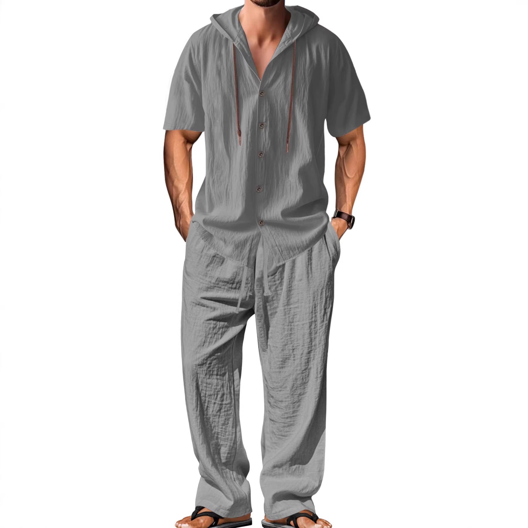 Herren nan luftiges Leinen-Lounge-Set mit kurzärmeligem Kapuzenhemd und gerader Relaxhose R&B