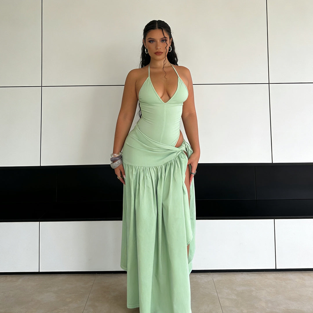 Damen Elegantes Bodenkleid mit Wickeldesign und Raffungen R&B