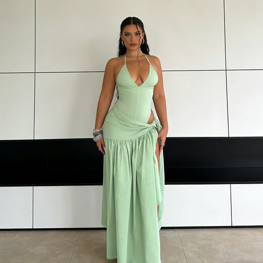Damen Elegantes Bodenkleid mit Wickeldesign und Raffungen R&B