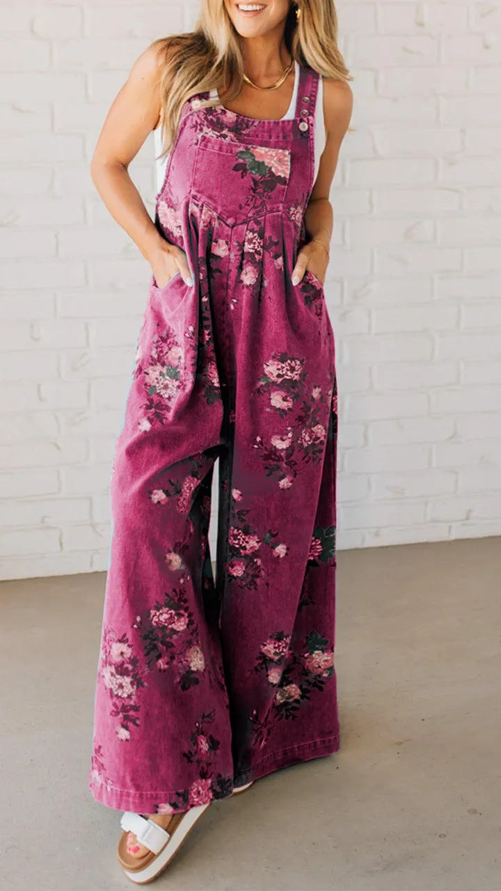 Damen Lässiger Denim-Hosenanzug mit floralem Print und weiten Beinen R&B
