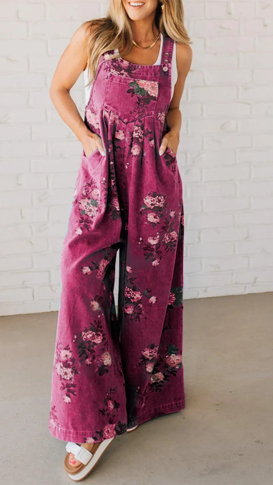 Damen Lässiger Denim-Hosenanzug mit floralem Print und weiten Beinen R&B