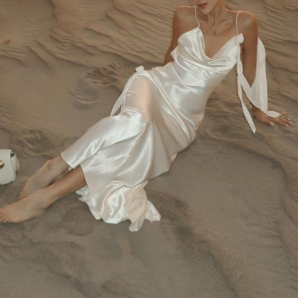 Damen Elegantes Satin-Wickelkleid mit verführerischem Ausschnitt und Spaghettiträgern R&B