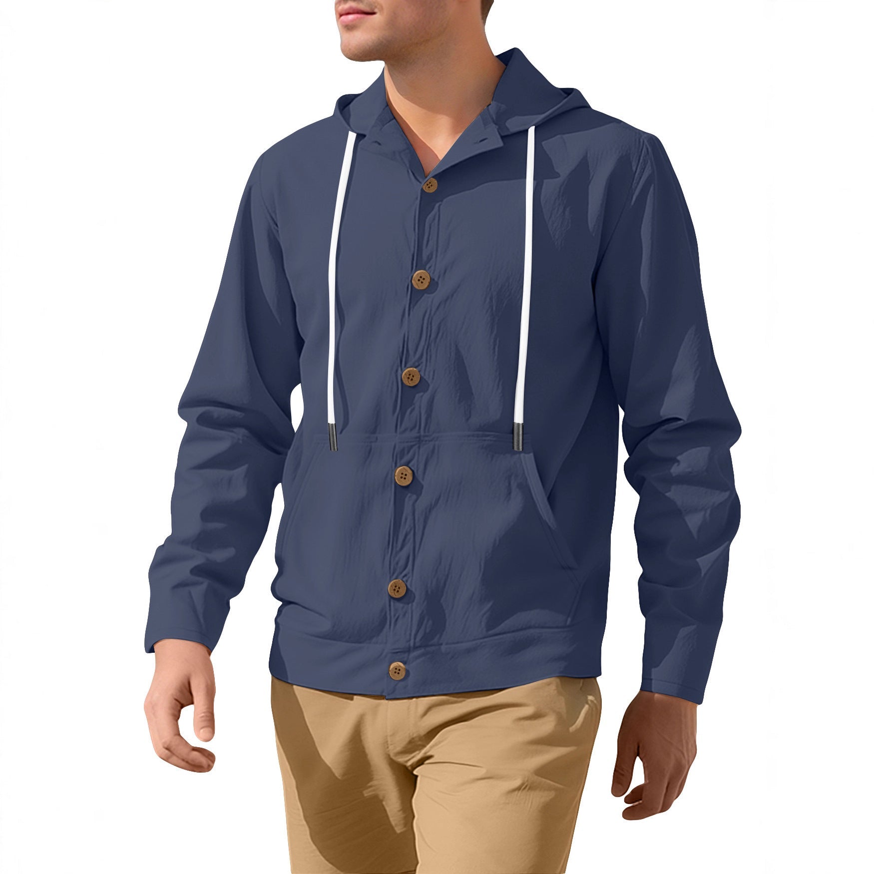 Herren nan leichte Kapuzenjacke mit Knopfleiste, Kängurutasche und Tunnelzug R&B