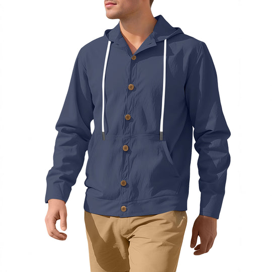Herren nan leichte Kapuzenjacke mit Knopfleiste, Kängurutasche und Tunnelzug R&B