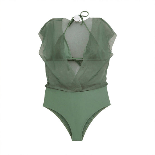 Damen Einteiliger Badeanzug mit transparentem Wickeldetail und femininen Puffärmeln R&B
