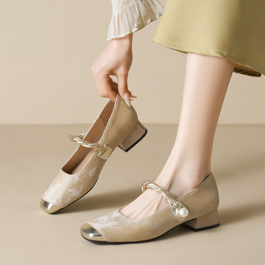 Damen elegante Ballerinas mit luxuriösem Perlenschmuck und modischem Riemendesign R&B