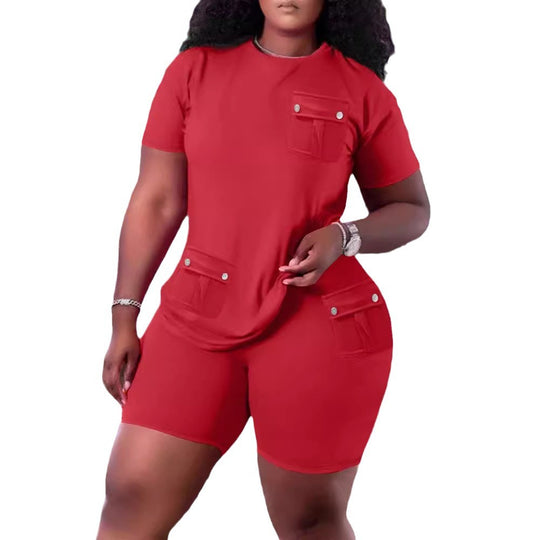 Damen Sportliches Oberteil und Shorts Set mit praktischen Taschen R&B
