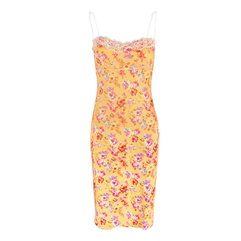 Damen Sommerliches Blumenkleid mit zarter Spitze und Spaghetti-Trägern EB