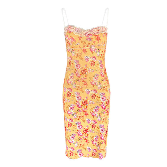 Damen Sommerliches Blumenkleid mit zarter Spitze und Spaghetti-Trägern R&B